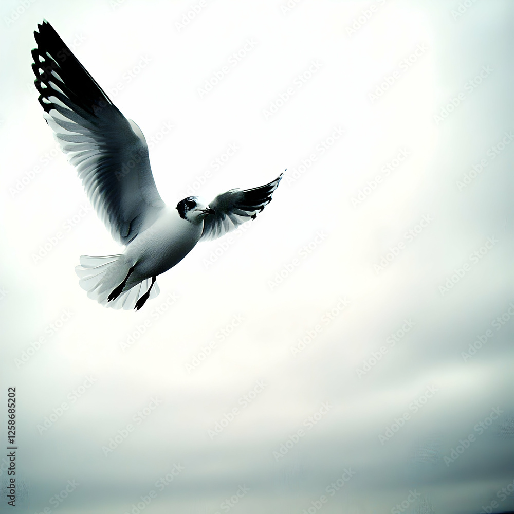 Fototapeta premium Seagull in flight over cloudy sky, peaceful scene, nature background, ideal for travel or environmental themes