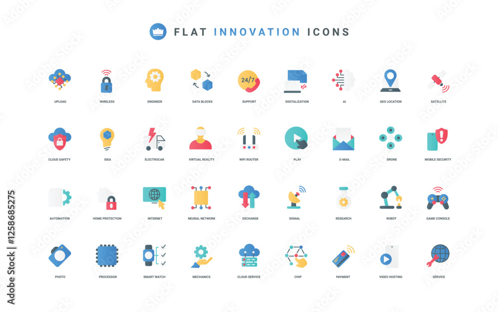 Naklejka premium Tech innovation and new technology of future, digital brain of AI color icon set. Virtual reality glasses, satellite and robot, process automation and cloud services flat elements vector illustration