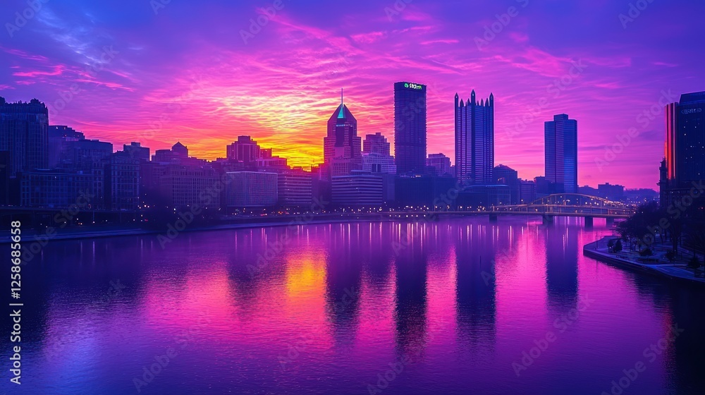 Fototapeta premium Vibrant Pittsburgh Skyline Sunset Cityscape Reflection