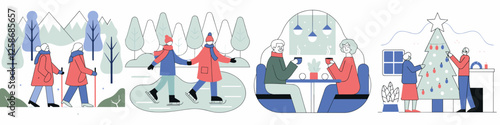 Active senior couple enjoying winter activities and holiday moments illustration set