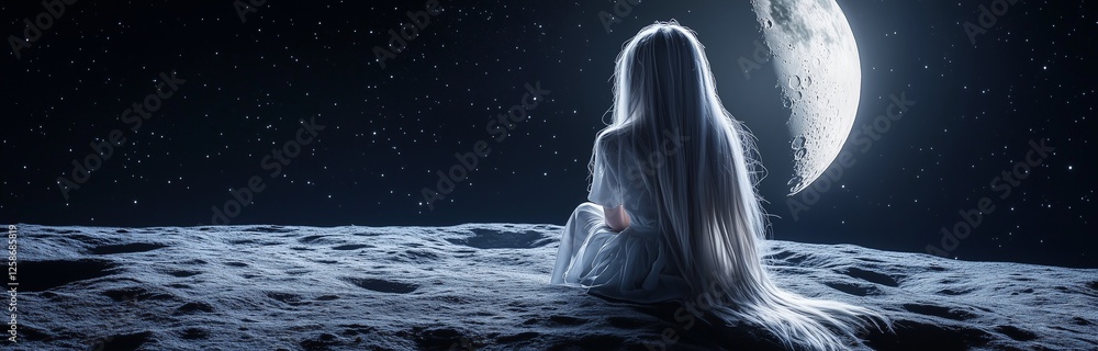 a young woman sitting on the moon with silver long hair watching the earth from distance, fantasy a young woman sitting on the moon with silver long hair watching the earth from distance, fantasy
