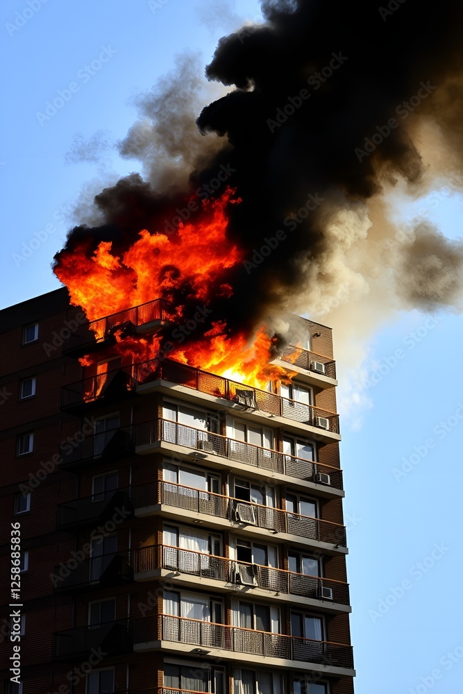Fire raging at the top of a high-rise building with thick smoke