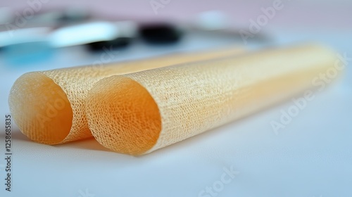 Close-up of two light orange cylindrical objects on a white surface, lab tools blurred in background, material science photo