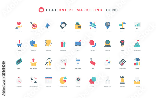 Digital marketing strategy, enablement and lead generation, photo and video content color icon set. Sales funnel and magnet for audience, vision of trends and profit flat elements vector illustration