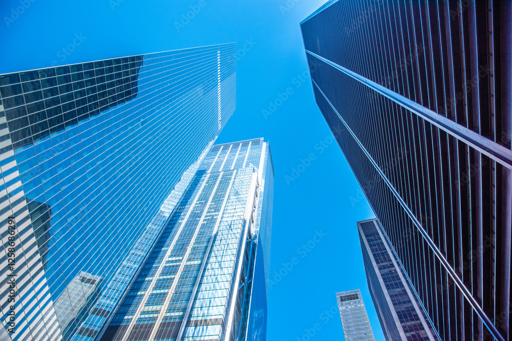Modern skyscrapers seen from below in Lower Manhattan Modern skyscrapers seen from below in Lower Manhattan
