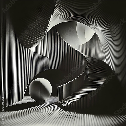 Abstract architectural design, sculptural stairs, interior scene, potentially for use in a design portfolio photo