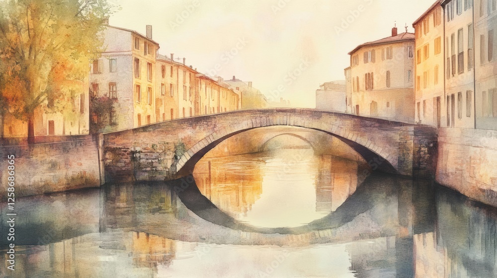 Obraz premium Soft watercolor landscape of a stone bridge over a tranquil river in an old town with warm building tones. Generative AI