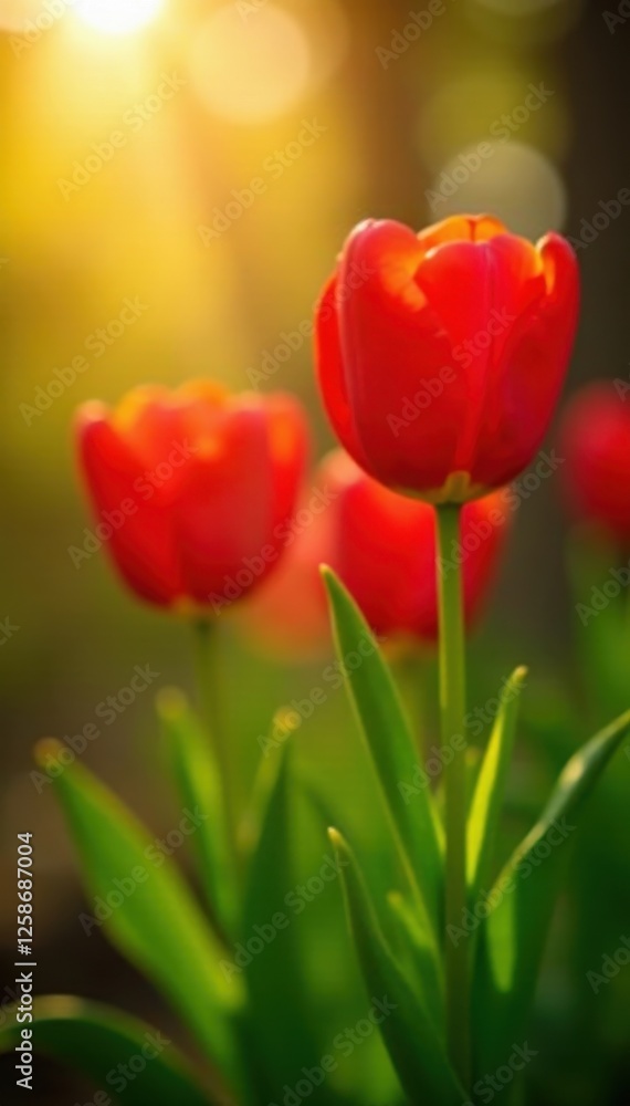 Crimson tulips illuminated by gentle spring sunlight , outdoor, colorful Crimson tulips illuminated by gentle spring sunlight , outdoor, colorful