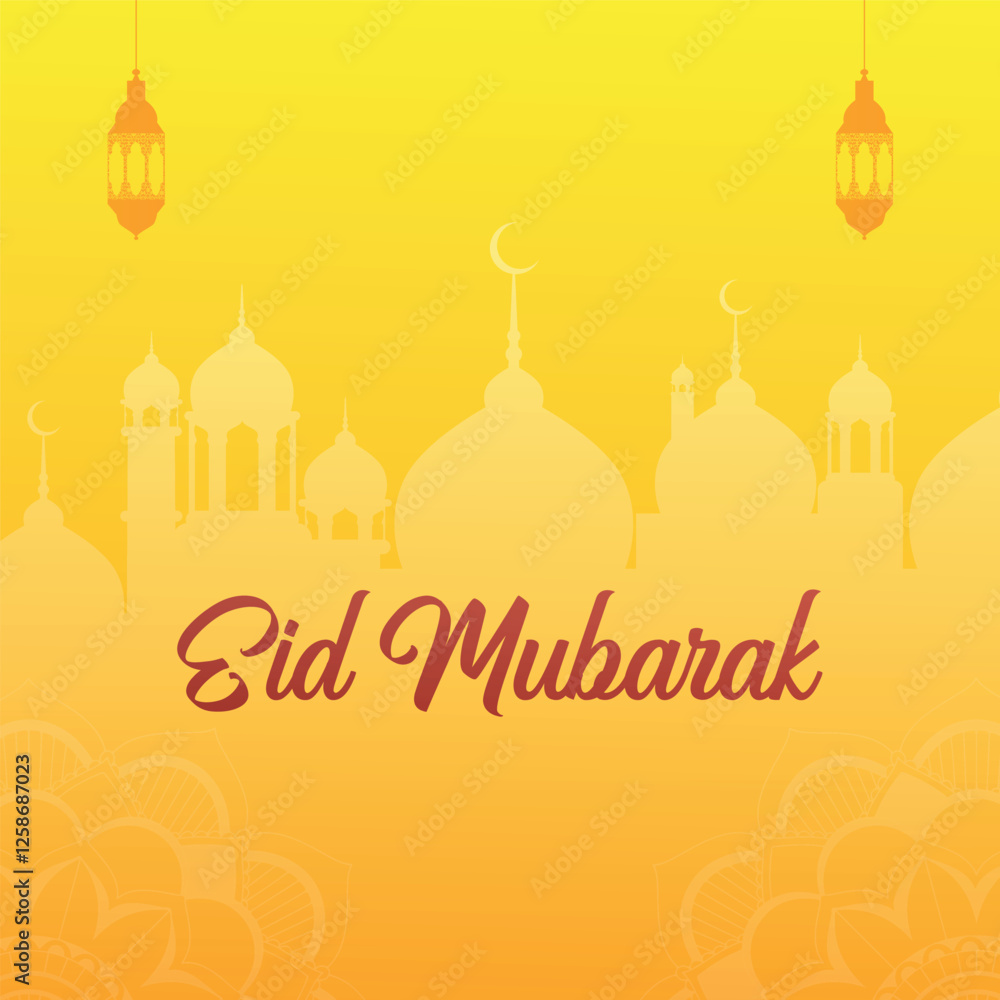 Ramadan kareem with Eid Mubarak greeting banner template vector background with yellow and gold colours Ramadan kareem with Eid Mubarak greeting banner template vector background with yellow and gold colours