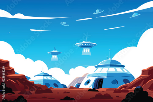 A futuristic, high-tech space station gleaming on the Martian surface, surrounded by dramatic red rock formations and a dusty landscape.