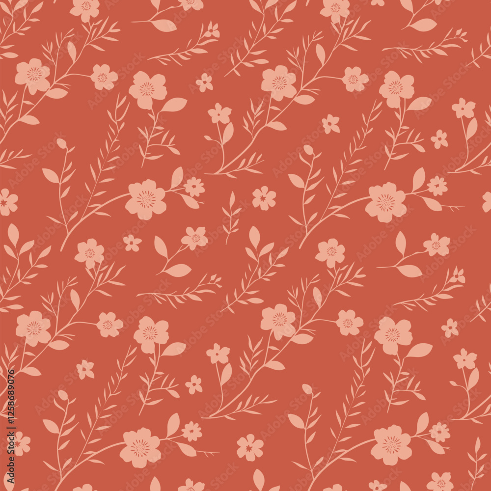 Vector floral seamless pattern. Elegant ditsy background with small wild meadow flowers, leaves, branches. Soft red and pink pretty floral ornament texture. Abstract cute organic repeating design Vector floral seamless pattern. Elegant ditsy background with small wild meadow flowers, leaves, branches. Soft red and pink pretty floral ornament texture. Abstract cute organic repeating design