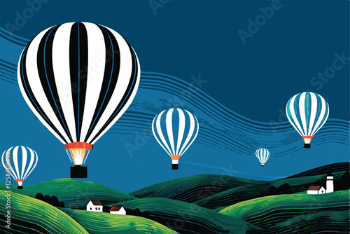 Vibrant hot air balloons drift serenely above rolling green hills at sunrise, a picturesque vista.