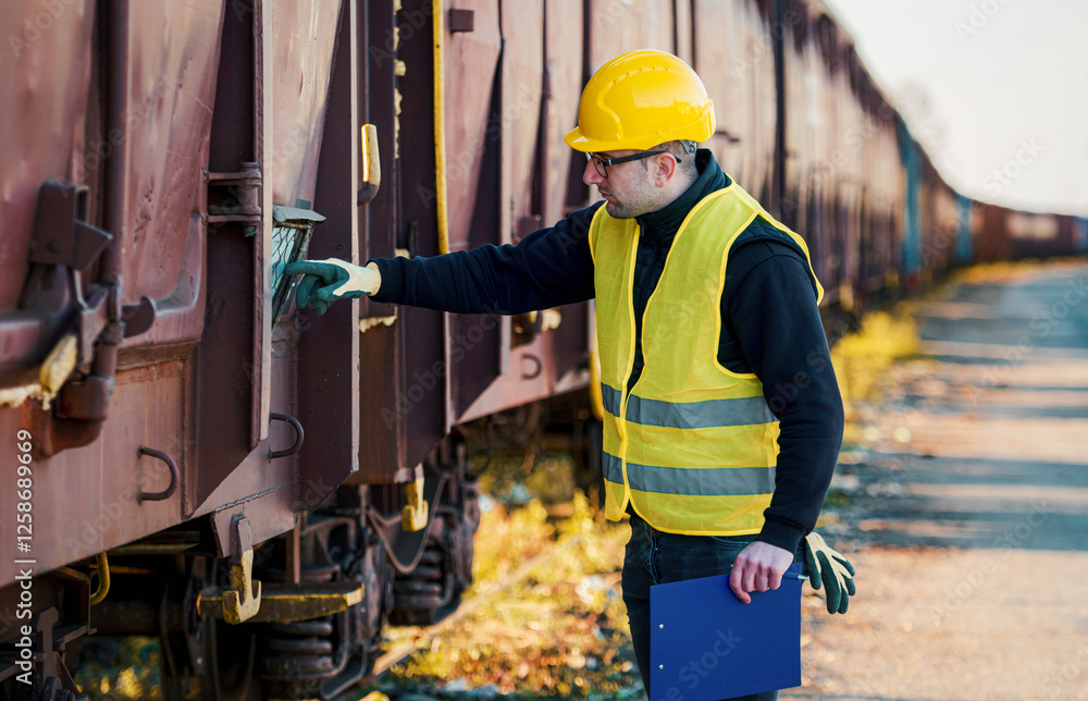 Shipping by rail. Supervisor making inspection of cargo in the freight wagon. Transportation concept Shipping by rail. Supervisor making inspection of cargo in the freight wagon. Transportation concept