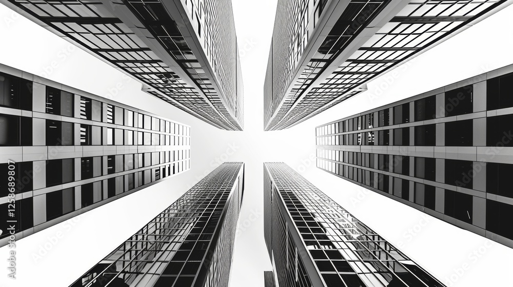 Fototapeta premium A dramatic monochrome perspective of towering skyscrapers converging towards the sky, emphasizing modern urban architecture and symmetry. AI generated.