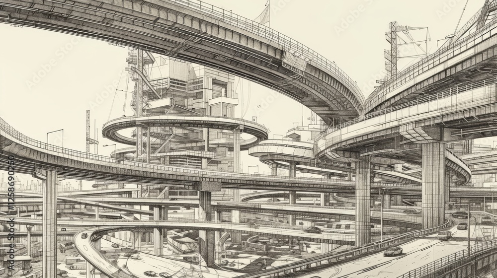 Naklejka premium A complex hand-drawn illustration of a futuristic multi-layered highway interchange with intertwining roads and towering structures, showcasing advanced urban infrastructure. AI generated.