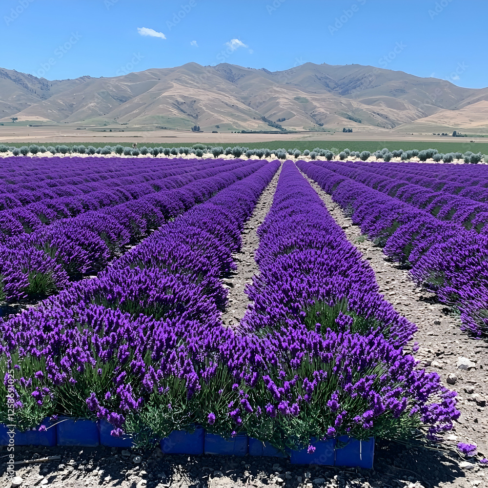 Fototapeta premium Lavender field rows under blue sky, mountains in background. Possible use stock photo