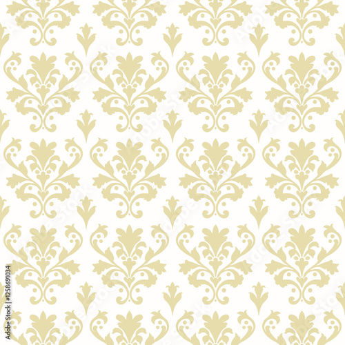 Elegant golden baroque seamless pattern. Abstract floral geometric ornament with curly elements, foliage. Vector background in rococo, revival, renaissance, damask style. Luxury gold repeating design