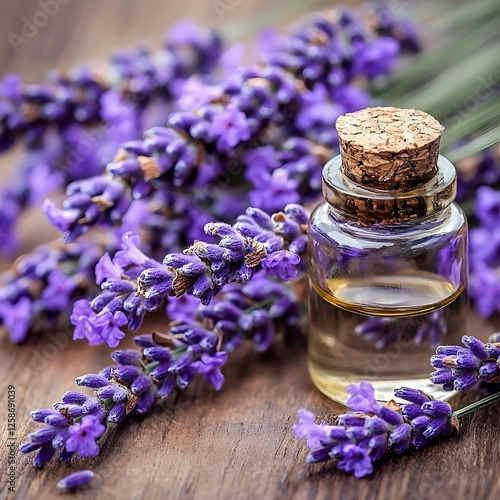 Lavender essential oil bottle with fresh flowers on wooden surface, relaxation and aromatherapy concept, for wellness product packaging