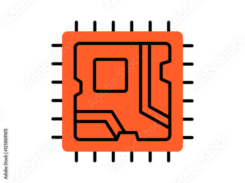 Hand drawn cute cartoon illustration of computer CPU. Flat vector processor chip in doodle style. Electronic microchip with traces concept icon. Circuit board. AI microprocessor sticker. Isolated.