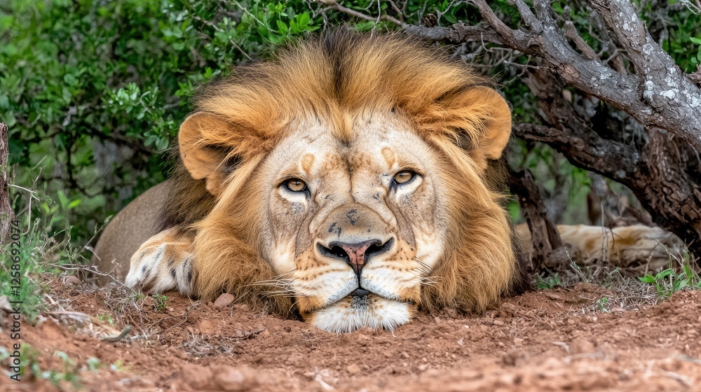 Majestic Lion Resting in African Bush Majestic Lion Resting in African Bush