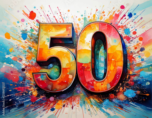 number 50 vector, 3d number 50, birthday celebration, Vintage grunge background, 50s Mid Century Modern, groovy background, yellow red background illustration	