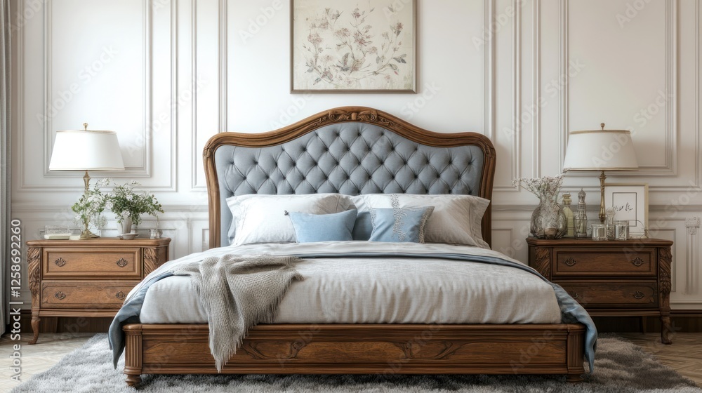 Fototapeta premium Elegant Wooden Bed with Gray Upholstery in a Classic Bedroom