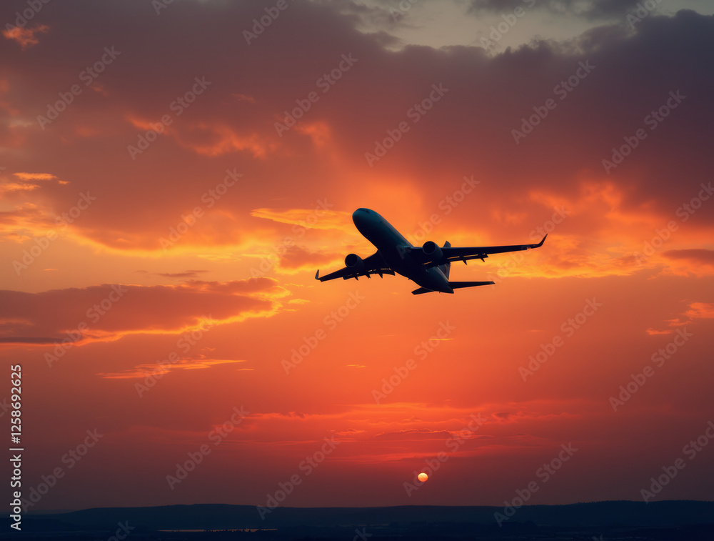 Commercial Airliner Silhouetted Against a Vibrant Sunset Sky Commercial Airliner Silhouetted Against a Vibrant Sunset Sky