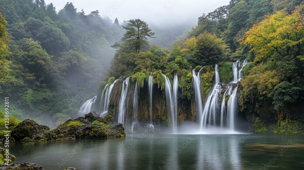 Obraz premium Serene Waterfall Cascading Through Lush Forested Hills