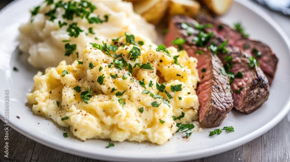 Juicy steak served with smooth, creamy mashed potatoes for a delicious and satisfying meal Juicy steak served with smooth, creamy mashed potatoes for a delicious and satisfying meal