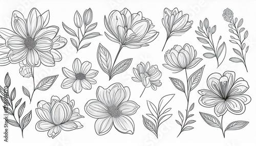 Wallpaper Mural Flower set continuous outline style. Decoration flower, botanical floral element, blossom one line art for wedding, spring concept background. perfect any project. Torontodigital.ca