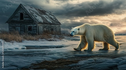 Polar Bear Walking Past Abandoned Winter Shack photo