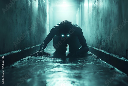 Glowing-eyed creature crawls in dark corridor. Possible use Stock photo for horror, fantasy, or sci-fi themes photo