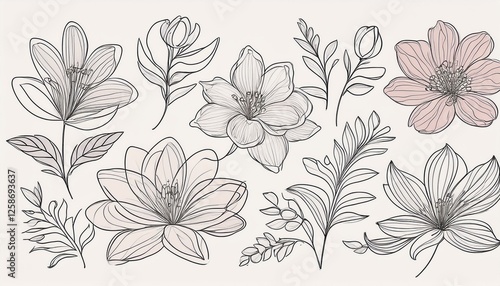 Wallpaper Mural Flower set continuous outline style. Decoration flower, botanical floral element, blossom one line art for wedding, spring concept background. perfect any project. Torontodigital.ca