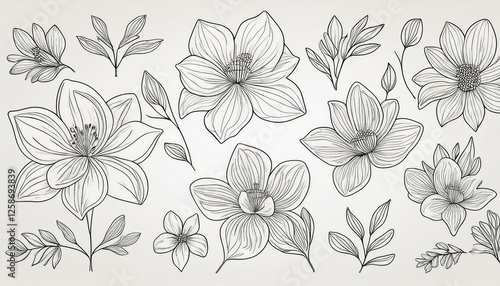 Wallpaper Mural Flower set continuous outline style. Decoration flower, botanical floral element, blossom one line art for wedding, spring concept background. perfect any project. Torontodigital.ca