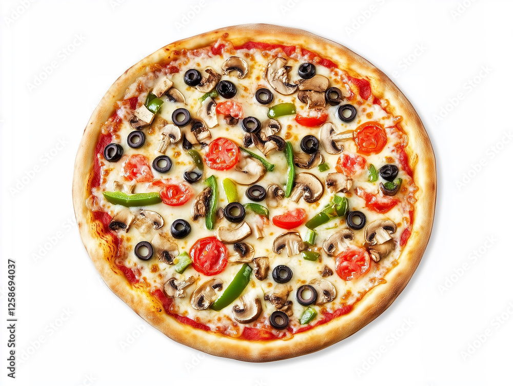 Delicious pizza with tomatoes, mushrooms, and bell peppers on a white background Delicious pizza with tomatoes, mushrooms, and bell peppers on a white background