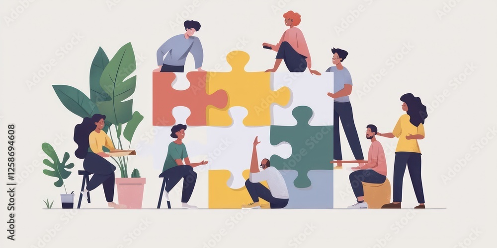 A diverse group of people assembling a large puzzle together. A diverse group of people assembling a large puzzle together.