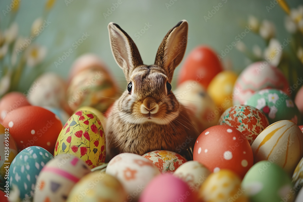 A cute rabbit sits amidst a collection of brightly colored Easter eggs, embodying the festive atmosphere of Easter and the renewal of life in springtime. A cute rabbit sits amidst a collection of brightly colored Easter eggs, embodying the festive atmosphere of Easter and the renewal of life in springtime.