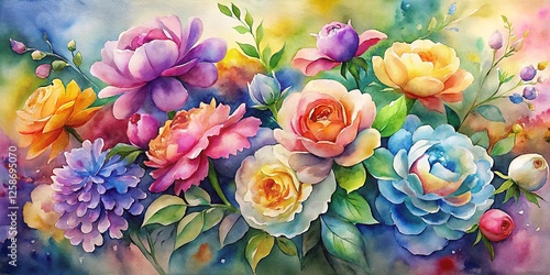 Wallpaper Mural Bouquet of colorful roses, watercolor painting, vibrant bouquet of colorful spring blossoms Torontodigital.ca