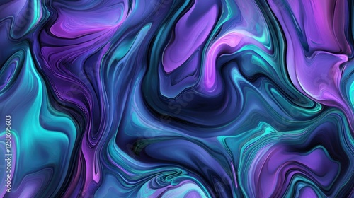 Abstract swirling purple, blue, and teal liquid paint background.