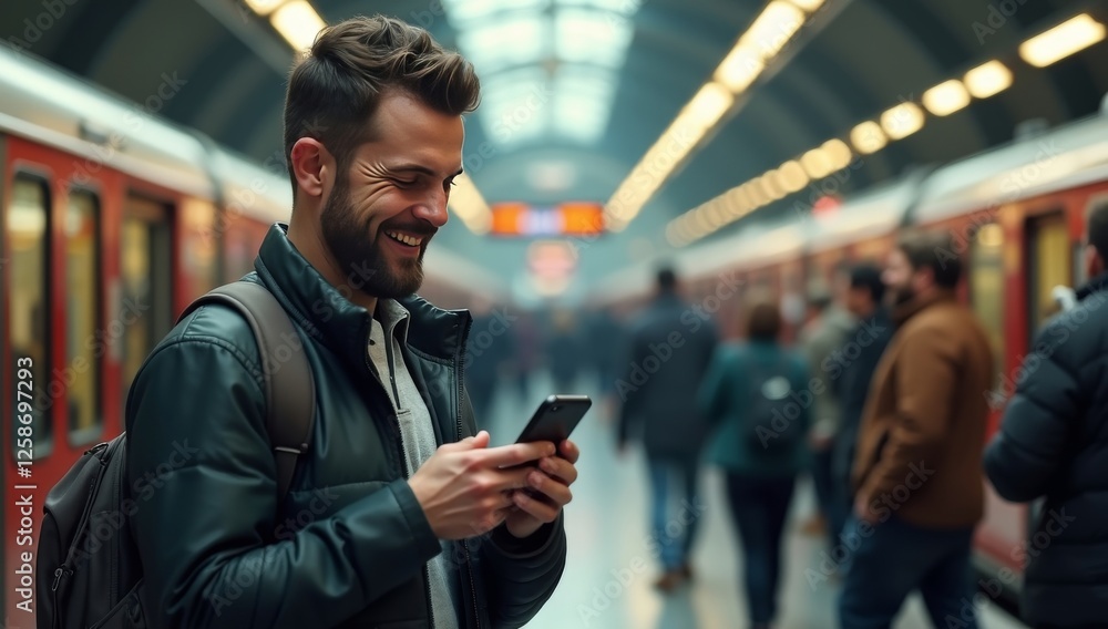 Enthusiastic man using his smartphone in a bustling train station. Enthusiastic man using his smartphone in a bustling train station.