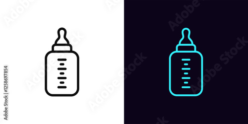 Outline baby bottle icon, with editable stroke. Baby bottle with nipple for milk, newborn feeding. Infant bottle with teat and scale measure, baby nutrition and food, newborn health care. Vector icon