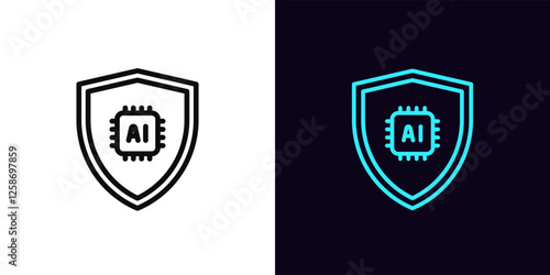 Outline AI protection icon, with editable stroke. Shield with AI chip, security algorithms with artificial intelligence. Smart safety system, digital intellect for data storage protection. Vector icon