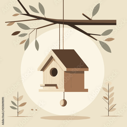 Charming wooden birdhouse hanging from a branch with a minimalist design and soft colors