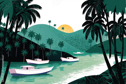 Create a vibrant vector illustration of a tropical island paradise, featuring crystal-clear turquoise water, lush palm trees, sandy beaches, and several small boats gently bobbing on the ocean.