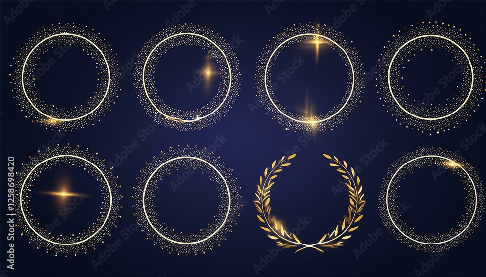 Circle star border frame set. Sparkle circle frame. Wreath round stardust border for party, birthday decor design. Laurel frame with cosmic glitter shine. perfect any project. Circle star border frame set. Sparkle circle frame. Wreath round stardust border for party, birthday decor design. Laurel frame with cosmic glitter shine. perfect any project.