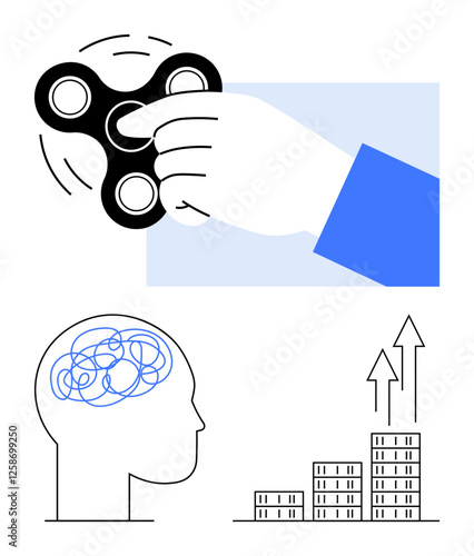 Fidget spinner in hand, tangled brain lines, stacked bar graph with arrows. Ideal for stress relief, focus enhancement, productivity, mental health, relaxation therapy, personal growth abstract line