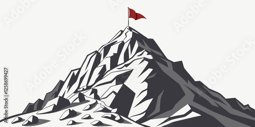 Victory flag on mountain summit peak, successful achievement climbing challenge, triumphant leadership journey to the top. Rocky Mountain Peak with a Red Flag – Achievement and Adventure Concept.
