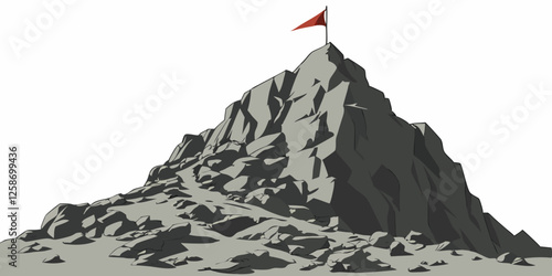 Victory flag on mountain summit peak, successful achievement climbing challenge, triumphant leadership journey to the top. Rocky Mountain Peak with a Red Flag – Achievement and Adventure Concept.