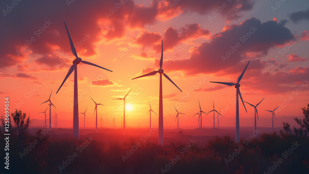 Scenic sunrise landscape with wind turbines. Ultra realistic nature photography. Beautiful colors in the morning sky. Wind energy and the beauty of dawn. Scenic sunrise landscape with wind turbines. Ultra realistic nature photography. Beautiful colors in the morning sky. Wind energy and the beauty of dawn.