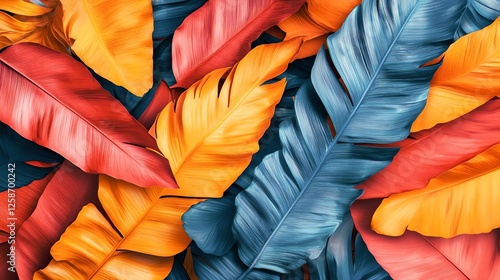 Colorful leaves create a vibrant tropical pattern, adding life to any design project.
